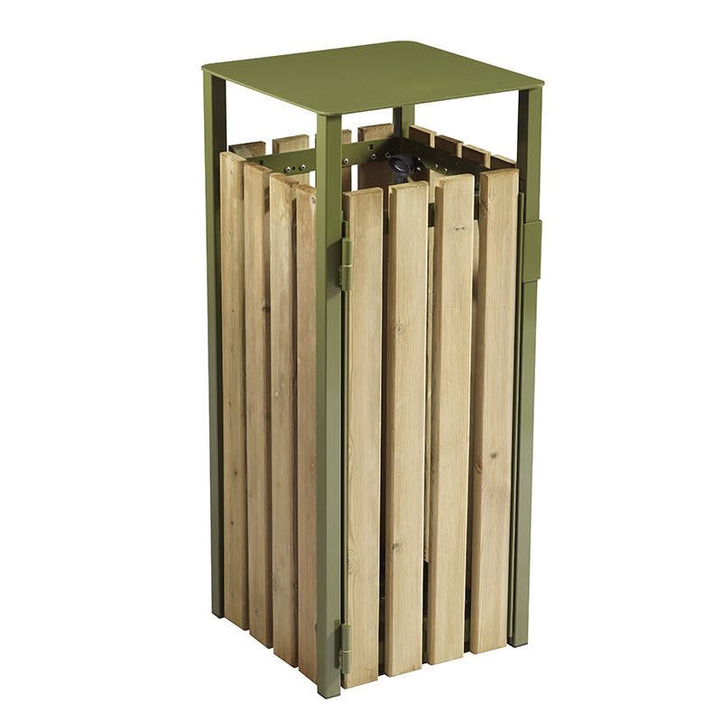 Corbeille extérieur bois-métal carré vert olive 110L