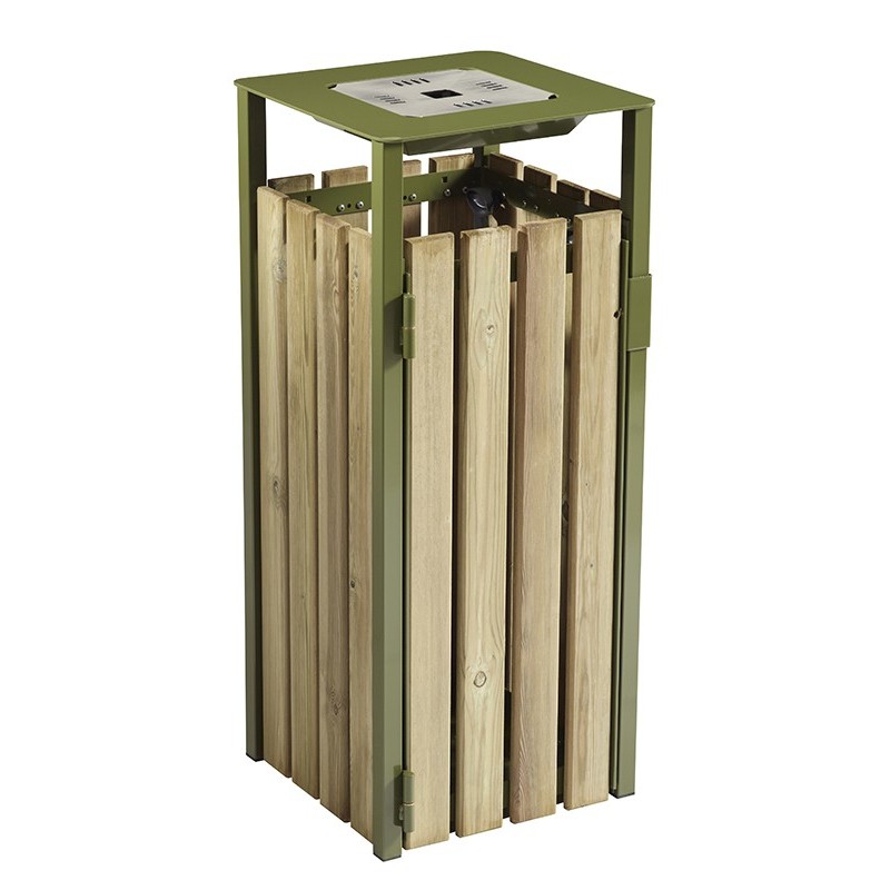 Corbeille extérieur + cendrier bois vert olive 110L